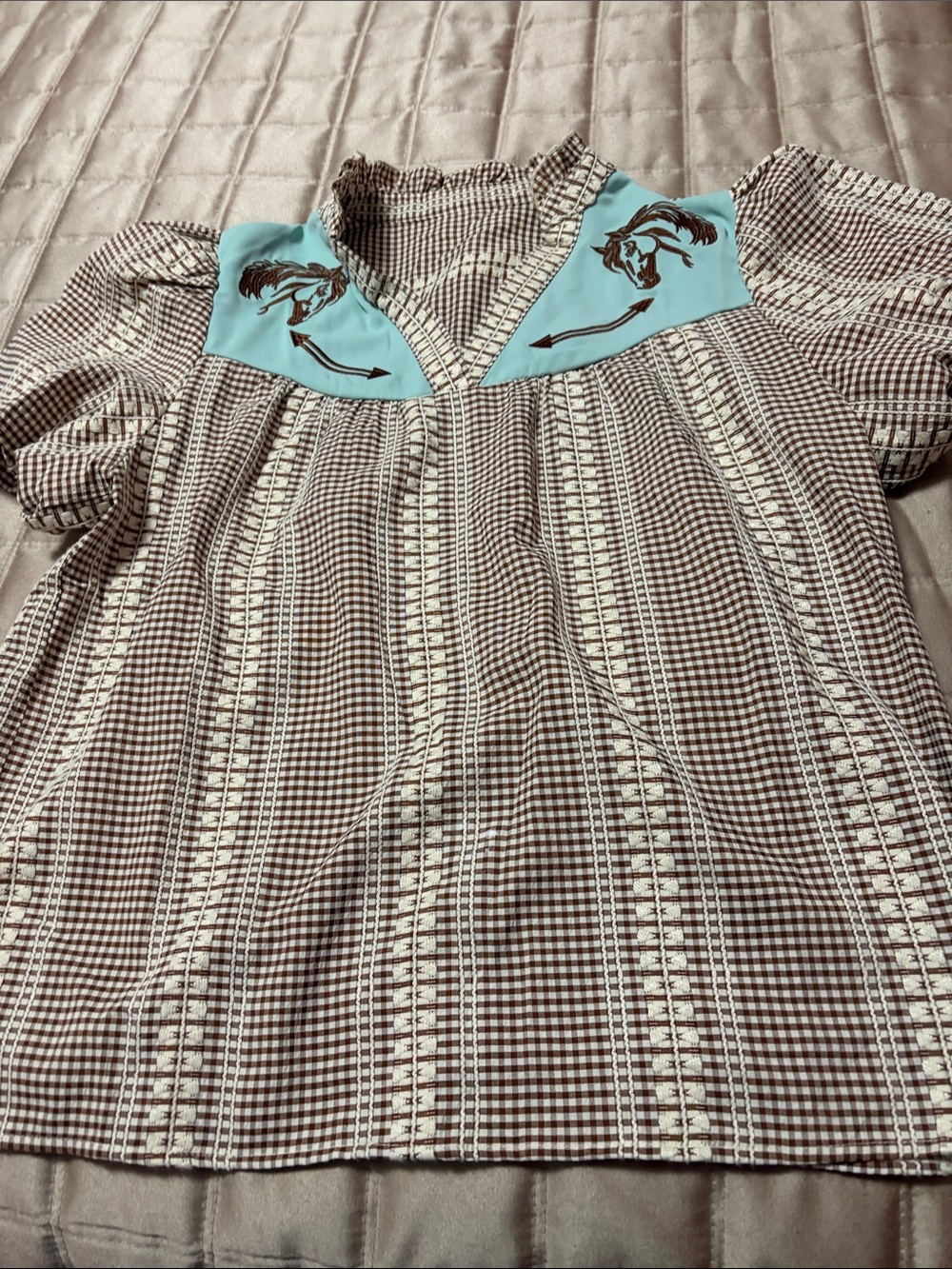 Brown Gingham Casual Women's Top with Turquoise Yoke